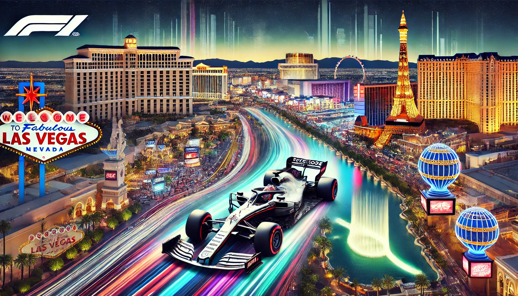 An oblong image showcasing the Las Vegas Formula One (F1) race with a night-time Las Vegas Strip view, iconic F1 race cars zooming by famous landmarks