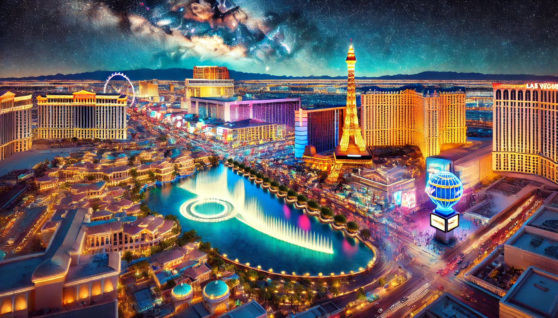 A vibrant, high-resolution image of Las Vegas at night, showcasing the iconic Las Vegas Strip with illuminated casinos, hotels, and neon lights. The s